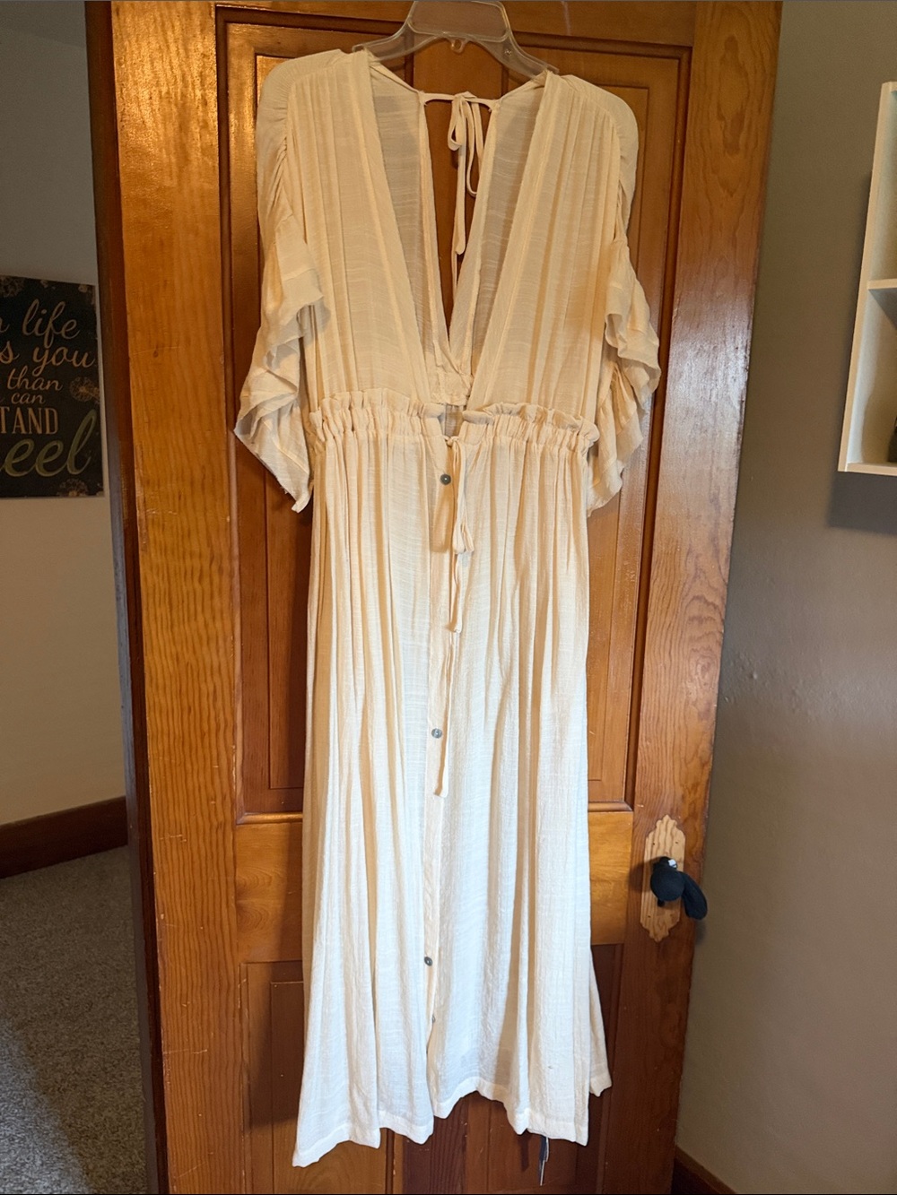 Women's Cream Button-Front Maxi Dress with Tie Waist